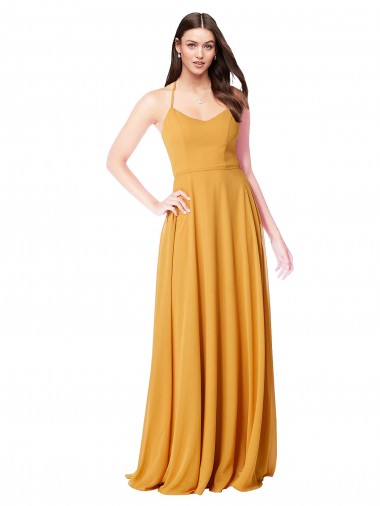 Chiffon Comprimento Chão Decote V Linha A Açafrão Vestidos de Madrinha em Promoção