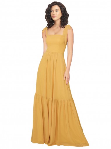 Chiffon Comprimento Chão Decote Quadrado Linha A Açafrão Vestidos de Madrinha em Promoção