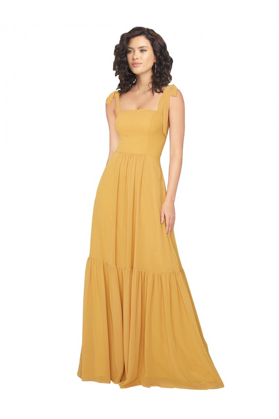 Chiffon Comprimento Chão Decote Quadrado Linha A Açafrão Vestidos de Madrinha em Promoção