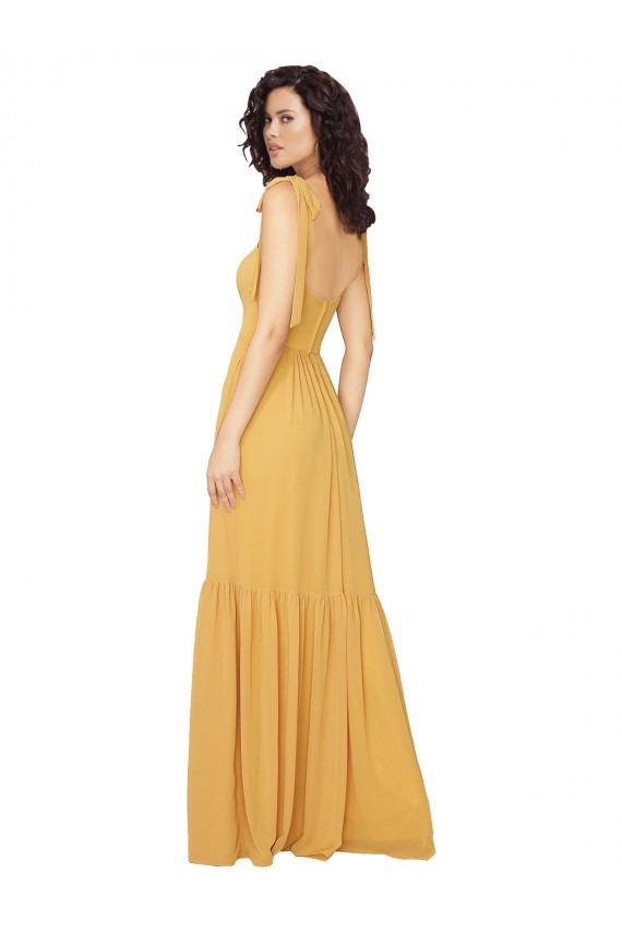 Chiffon Comprimento Chão Decote Quadrado Linha A Açafrão Vestidos de Madrinha em Promoção