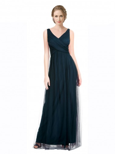 Tule Comprimento Chão Decote V Linha A Azul 7# Vestidos de Madrinha em Promoção