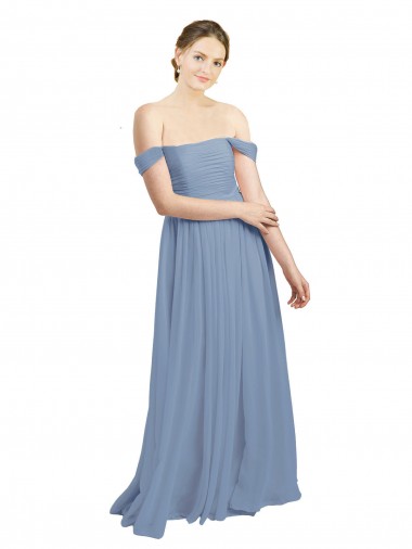 Chiffon Abrir de volta Comprimento Chão Fora do Ombro Linha A Azul Empoeirado Vestidos de Madrinha em Promoção