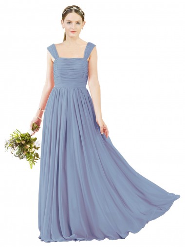 Chiffon Abrir de volta Comprimento Chão Decote Quadrado Linha A Vestidos de Madrinha em Promoção
