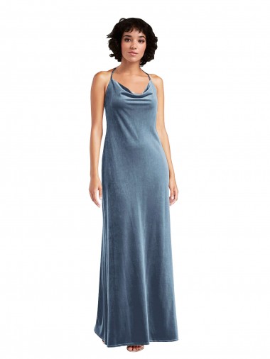 Veludo Elástico Costas em V Comprimento Chão Decote Capuz Bainha Longo Vestidos de Madrinha / Vestidos de Festa em Promoção