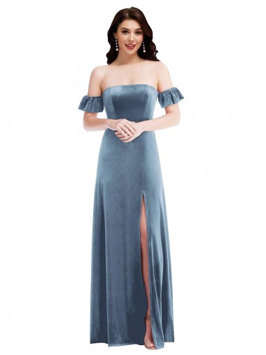 Veludo Elástico Lombar Comprimento Chão Fora do Ombro Linha A Vestidos de Madrinha / Vestidos de Festa em Promoção
