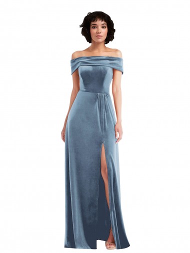 Veludo Elástico Comprimento Chão Fora do Ombro Linha A Azul Empoeirado Vestidos de Madrinha / Vestidos de Festa em Promoção