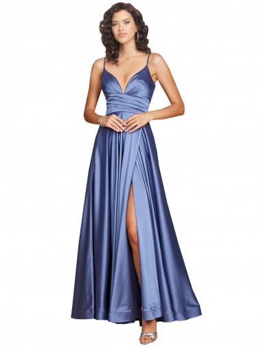 Cetim Sedoso Lombar Comprimento Chão Alças finas Linha A Azul Francês Vestidos de Madrinha / Vestidos de Noite / Vestidos de Festa em Promoção