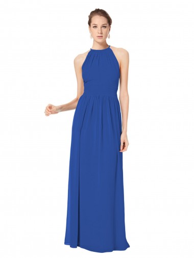 Chiffon Buraco da fechadura Comprimento Chão Cabeçada Linha A Azul Real Vestidos de Madrinha em Promoção