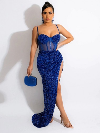 Lantejoulas Veludo Comboio Varredela Alças finas Bainha Vestido de Festa / Vestido de Noiva em Promoção