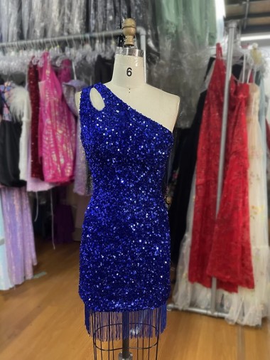 Lantejoulas Veludo Curto Um Ombro Bainha Azul Real Vestidos de Festa em Promoção