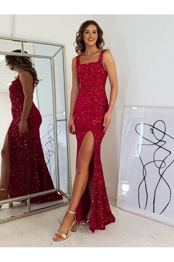 Lantejoulas Veludo Comprimento Chão Decote Quadrado Bainha Vestidos de Festa em Promoção