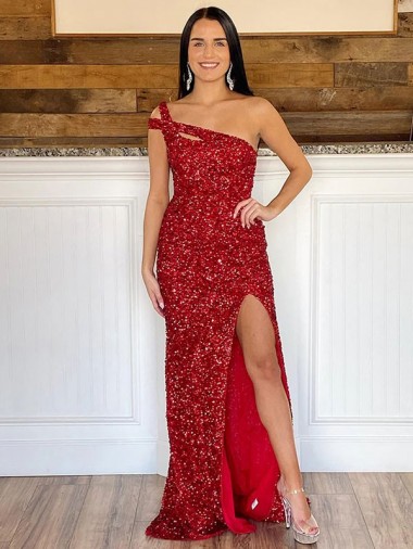 Lantejoulas Veludo Comboio Varredela Um Ombro Bainha Vestido de Festa / Vestido de Noiva em Promoção