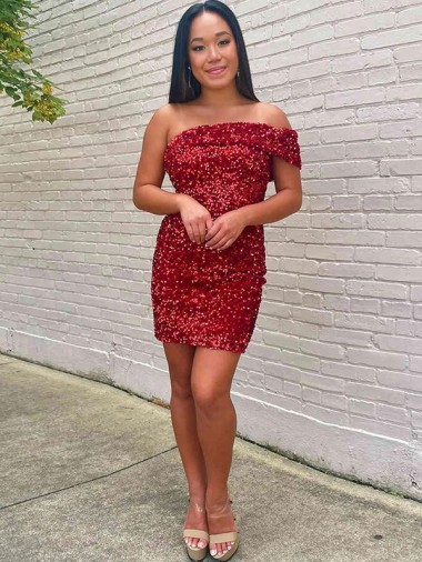 Lantejoulas Veludo Curto Um Ombro Bainha Borgonha Vestidos de Festa em Promoção
