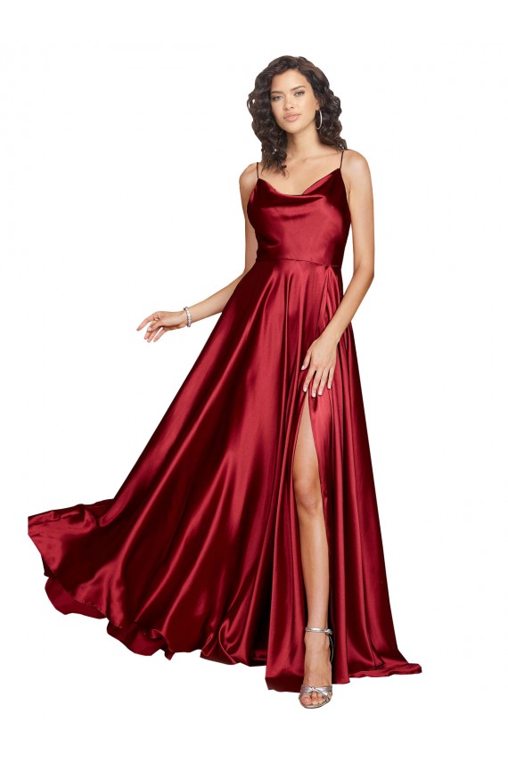 Cetim Sedoso Lombar Comprimento Chão Alças finas Linha A Borgonha Vestidos de Madrinha / Vestidos de Noite / Vestidos de Festa em Promoção