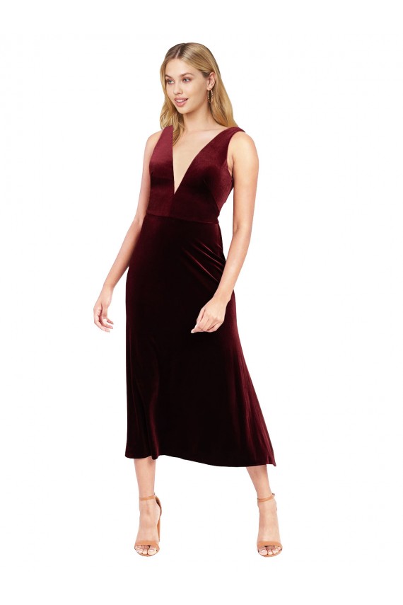 Veludo Elástico Costas em V Comprimento Midi Decote V Linha A Curto Vestidos de Madrinha / Vestidos de Festa / Vestidos de Cocktail / Vestidos de Homecoming em Promoção