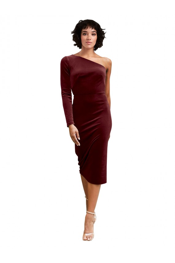 Veludo Elástico Comprimento Midi Um Ombro Linha A Vestidos de Madrinha / Vestidos de Festa em Promoção