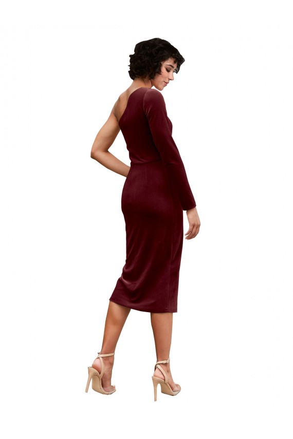 Veludo Elástico Comprimento Midi Um Ombro Linha A Vestidos de Madrinha / Vestidos de Festa em Promoção