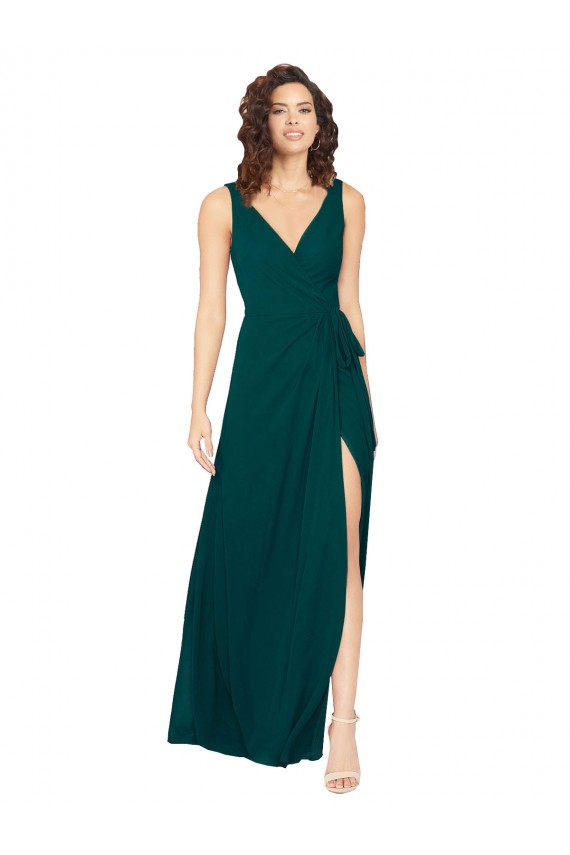Chiffon Costas em V Comprimento Chão Decote V Linha A Caçador Verde Vestidos de Madrinha em Promoção