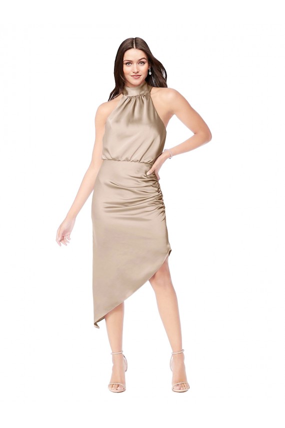 Cetim Sedoso Alto Baixo Cabeçada Linha A Vestidos de Madrinha / Vestidos de Festa / Vestidos de Cocktail / Vestidos de Homecoming em Promoção