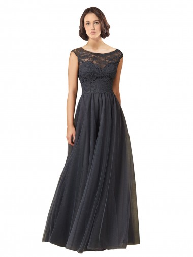 Tule & Renda Comprimento Chão Barco Linha A Longo Vestidos de Madrinha em Promoção