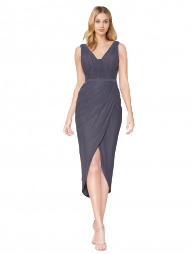 Chiffon Costas em V Alto Baixo Decote V Sereia Curto Vestidos de Madrinha / Vestidos de Noite / Vestidos de Festa em Promoção