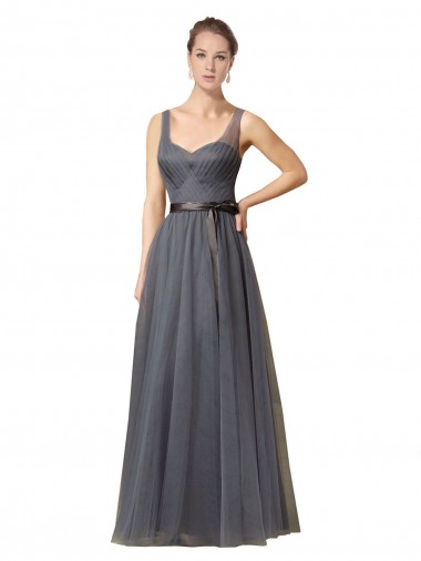 Tule Costas em V Comprimento Chão Amor Linha A Longo Vestidos de Madrinha em Promoção