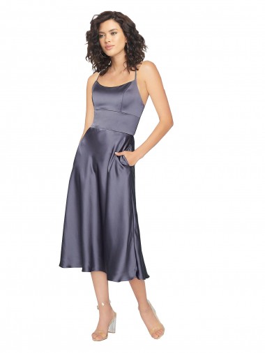 Cetim Sedoso Criss Cruz Comprimento Midi Colher Linha A Vestidos de Madrinha / Vestidos de Festa / Vestidos de Cocktail / Vestidos de Homecoming em Promoção