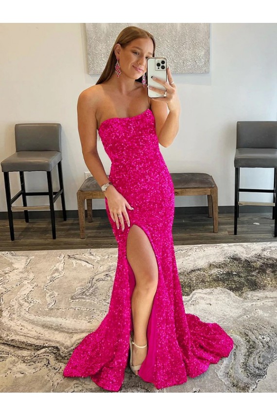 Lantejoulas Veludo Comboio Varredela Sem alças Bainha Longo Vestidos de Festa em Promoção