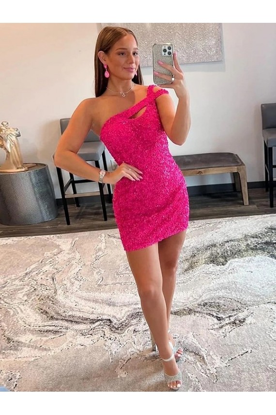 Lantejoulas Veludo Curto Um Ombro Bainha Fúcsia Vestidos de Festa em Promoção