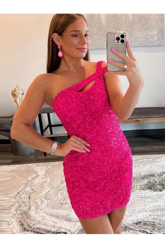 Lantejoulas Veludo Curto Um Ombro Bainha Fúcsia Vestidos de Festa em Promoção