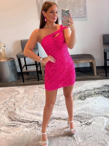 Lantejoulas Veludo Curto Um Ombro Bainha Fúcsia Vestidos de Festa em Promoção