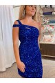 Lantejoulas Veludo Curto Um Ombro Bainha Fúcsia Vestidos de Festa em Promoção
