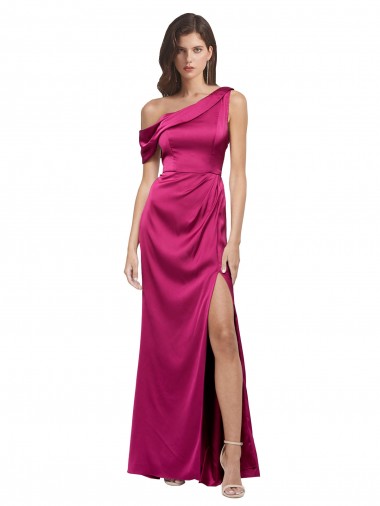 Cetim Elástico Comprimento Chão Um Ombro Linha A Fúcsia Vestidos de Madrinha / Vestidos de Noite / Vestidos de Festa em Promoção