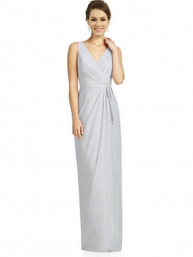Chiffon Costas em V Comprimento Chão Decote V Bainha Geada Vestidos de Madrinha em Promoção