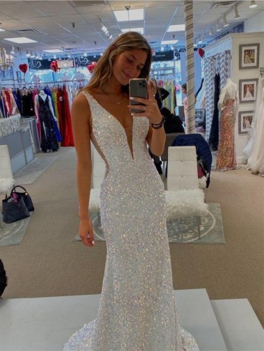 Lantejoulas Veludo Comboio Varredela Decote V Bainha Vestidos de Festa em Promoção