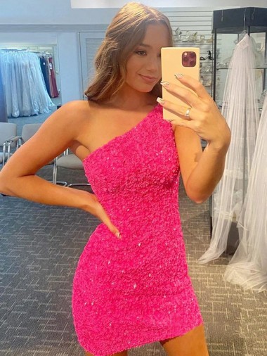 Lantejoulas Veludo Curto Um Ombro Bainha Vestidos de Festa / Vestidos Formais em Promoção