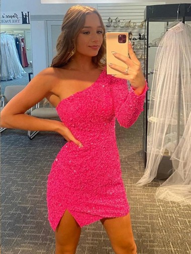 Lantejoulas Veludo Curto Um Ombro Curto Bainha Vestido de Festa em Promoção