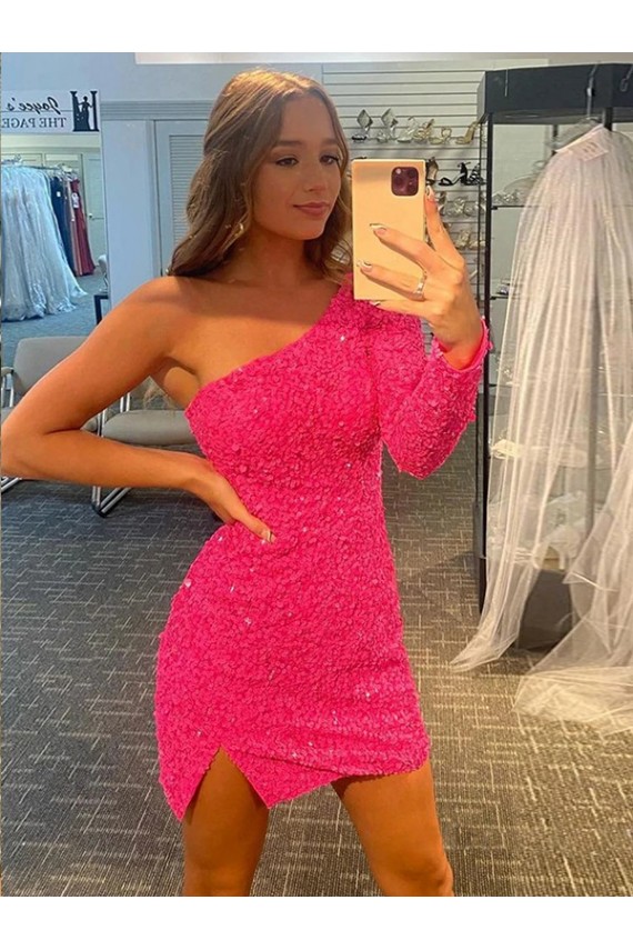 Lantejoulas Veludo Curto Um Ombro Curto Bainha Vestido de Festa em Promoção