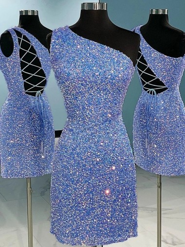 Lantejoulas Veludo Curto Um Ombro Bainha Vestido de Festa / Vestido de Noite em Promoção