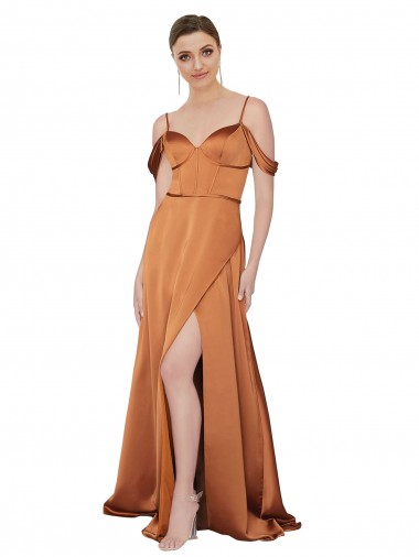 Cetim Sedoso Lombar Comprimento Chão Alças finas Linha A Longo Vestidos de Madrinha / Vestidos de Noite / Vestidos de Festa em Promoção