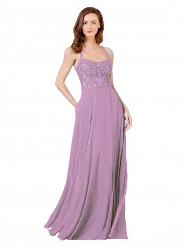 Chiffon & Renda Comprimento Chão Alças finas Linha A Longo Vestidos de Madrinha em Promoção