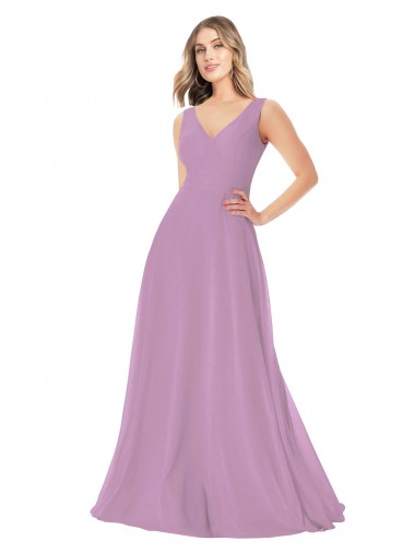 Chiffon Comprimento Chão Decote V Linha A Lavanda Escura Vestidos de Madrinha em Promoção
