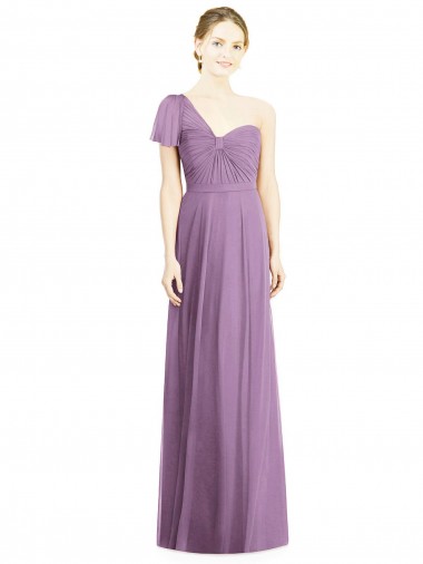 Chiffon Abrir de volta Comprimento Chão Um Ombro Linha A Vestidos de Madrinha em Promoção