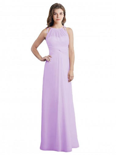 Chiffon Buraco da fechadura Comprimento Chão Cabeçada Linha A Lilás Vestidos de Madrinha em Promoção