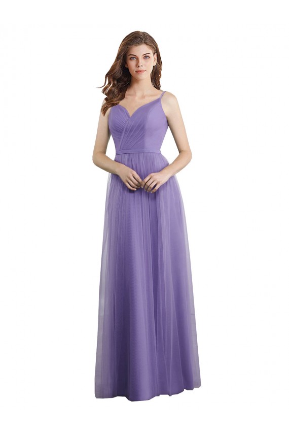 Tule Costas em V Comprimento Chão Amor Linha A Vestidos de Madrinha em Promoção