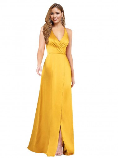 Cetim Sedoso Abrir de volta Alto Baixo Decote V Linha A Vestidos de Madrinha / Vestidos de Noite / Vestidos de Festa em Promoção