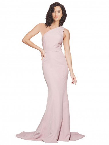 Crepe Esticado Comboio Varredela Um Ombro Bainha Longo Vestidos de Madrinha / Vestidos de Festa em Promoção