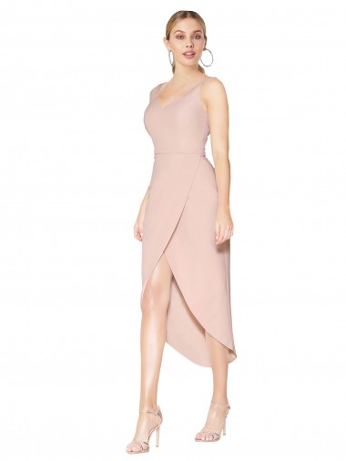 Crepe Esticado Costas em V Alto Baixo Alças finas Sereia Curto Vestidos de Madrinha / Vestidos de Noite / Vestidos de Festa em Promoção