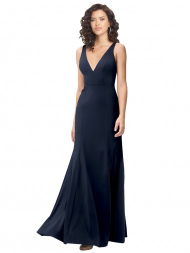 Crepe Esticado Costas em V Comprimento Chão Decote V Linha A Longo Marinha Negra Vestidos de Madrinha / Vestidos de Noite / Vestidos de Festa em Promoção