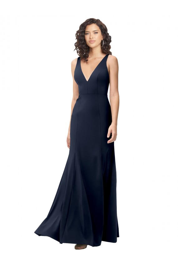 Crepe Esticado Costas em V Comprimento Chão Decote V Linha A Longo Marinha Negra Vestidos de Madrinha / Vestidos de Noite / Vestidos de Festa em Promoção